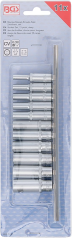 Conjunto de encaixes para chave de caixa bihexagonais, profundos | Entrada de quadrado interno de 6,3 mm (1/4") | 4 - 13 mm | 11 peças