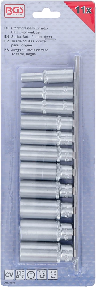Conjunto de encaixes para chave de caixa bihexagonais, profundos | Entrada de quadrado interno de 10 mm (3/8") | 8 - 19 mm | 11 peças