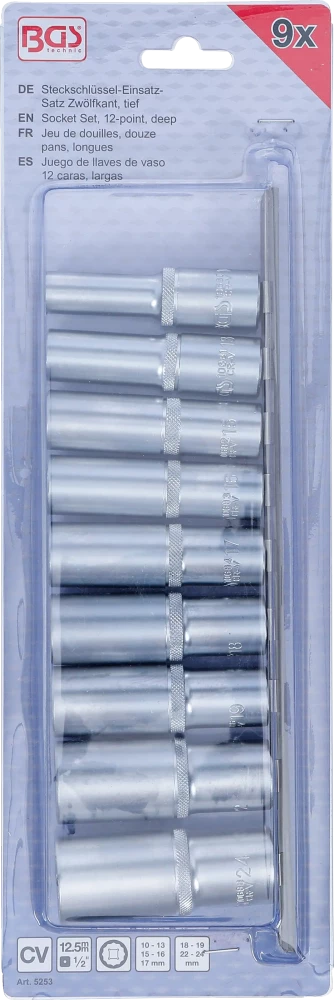 Conjunto de encaixes para chave de caixa bihexagonais, profundos | Entrada de quadrado interno de 12,5 mm (1/2") | 10 - 24 mm | 9 peças
