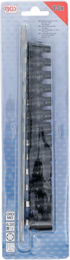 Conjunto de encaixes para chave de caixa de impacto sextavados | Entrada de quadrado interno de 6,3 mm (1/4") | 4 - 14 mm | 13 peças