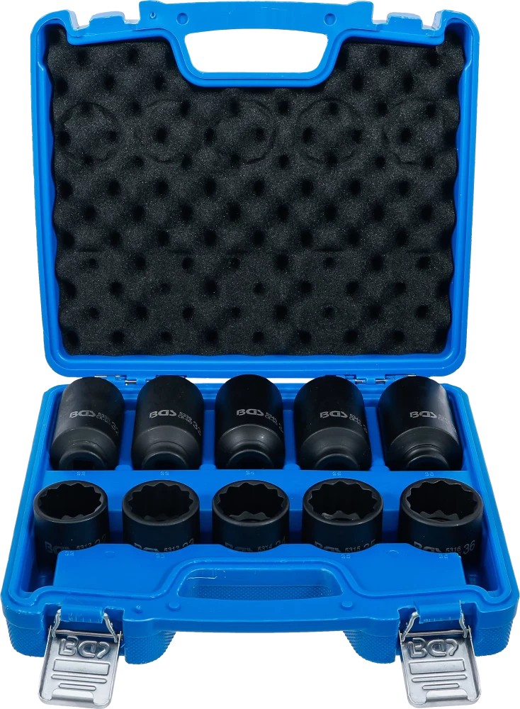 Conjunto de encaixes para chave de caixa de impacto | Doze lados | Entrada de quadrado interno de 12,5 mm (1/2") | 32 - 36 mm | 10 peças