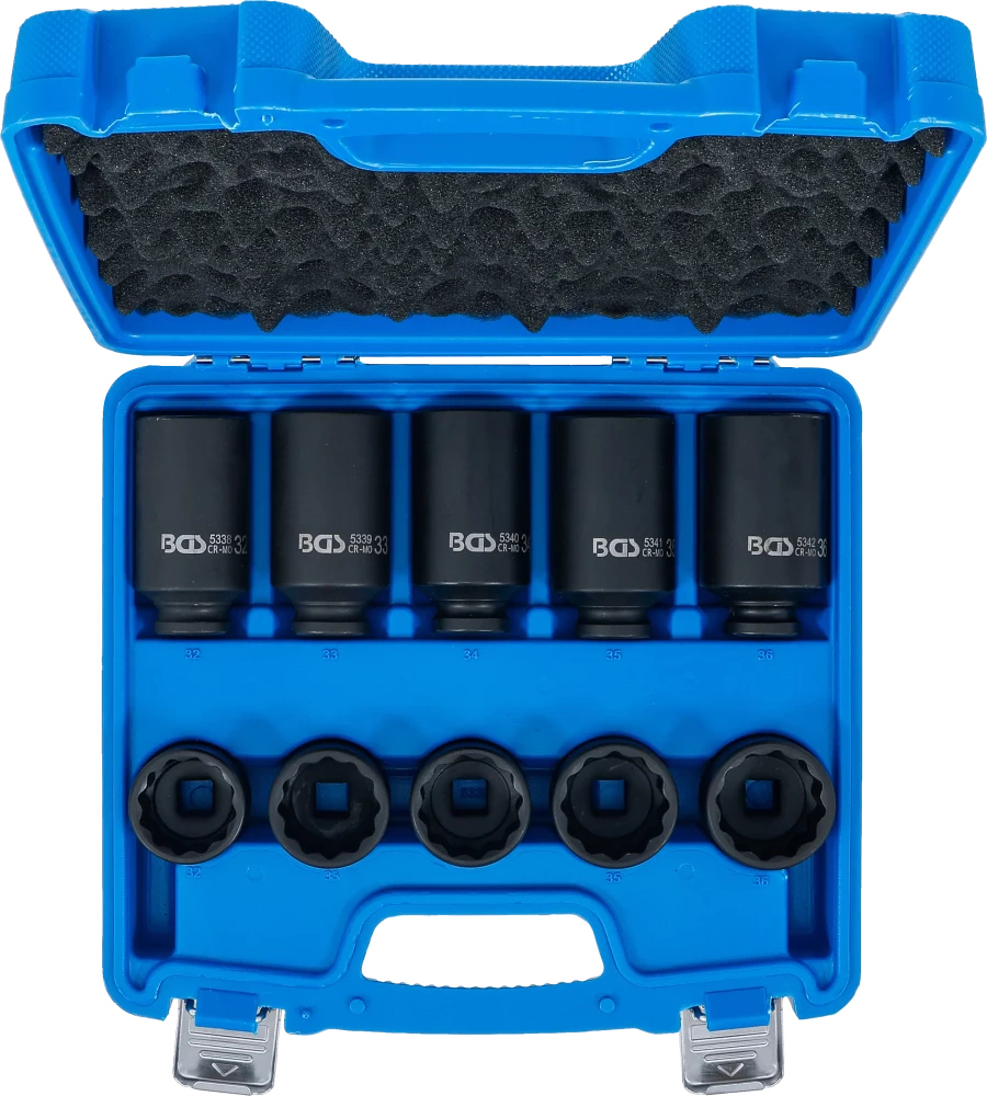 Conjunto de encaixes para chave de caixa de impacto | Doze lados | Entrada de quadrado interno de 12,5 mm (1/2") | 32 - 36 mm | 10 peças