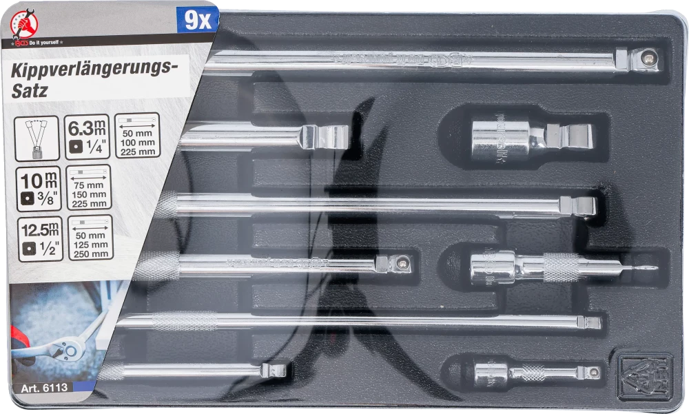 Conjunto de extensões basculantes | 6,3 mm (1/4") / 10 mm (3/8") / 12,5 mm (1/2") | 9 peças