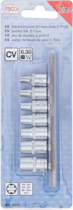 Conjunto de encaixes para chave de caixa perfil em E | Entrada de quadrado interno de 6,3 mm (1/4") | E4 - E11 | 7 peças