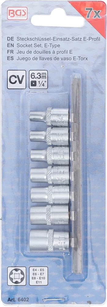 Conjunto de encaixes para chave de caixa perfil em E | Entrada de quadrado interno de 6,3 mm (1/4") | E4 - E11 | 7 peças