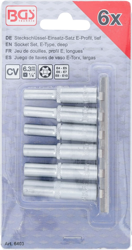 Conjunto de encaixes para chave de caixa perfil em E, profundos | Entrada de quadrado interno de 6,3 mm (1/4") | E4 - E10 | 6 peças