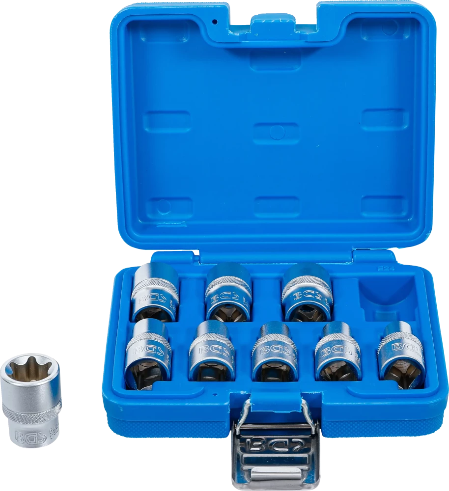 Conjunto de encaixes para chave de caixa perfil em E | Entrada de quadrado interno de 12,5 mm (1/2") | E10 - E24 | 9 peças