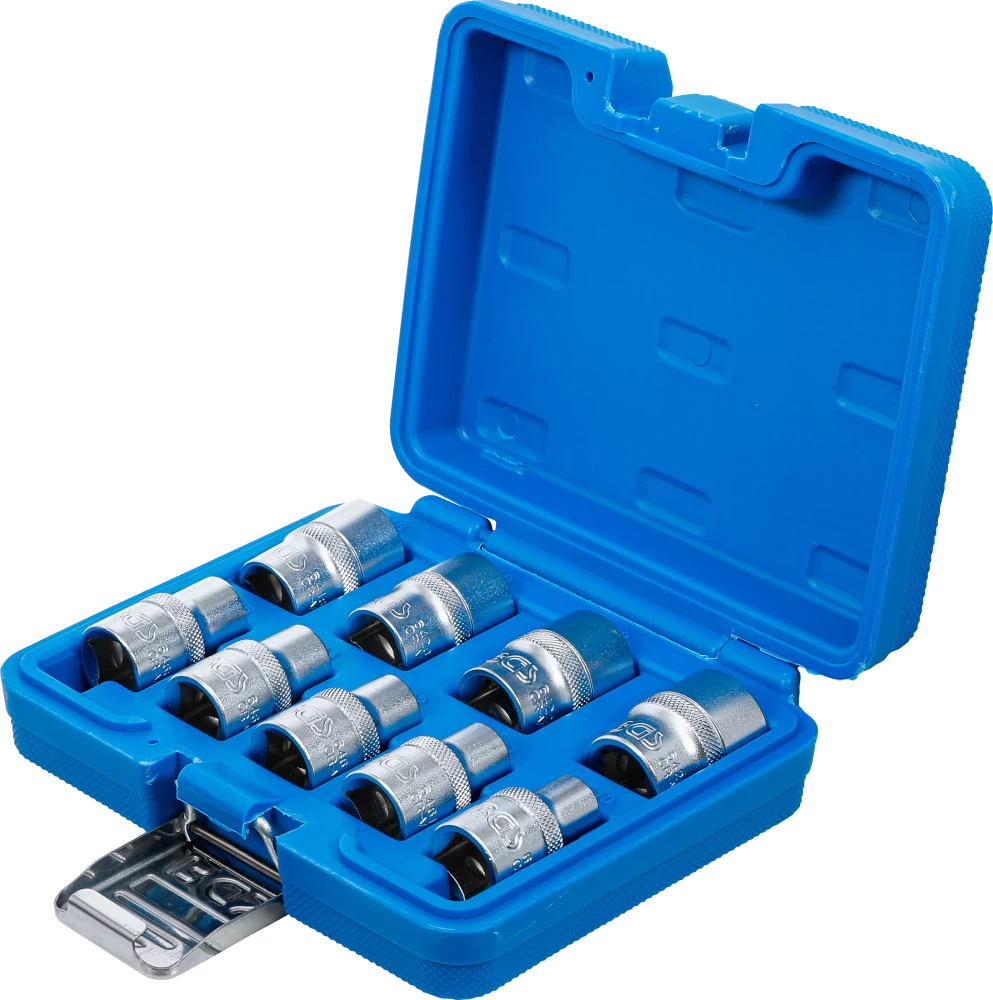 Conjunto de encaixes para chave de caixa perfil em E | Entrada de quadrado interno de 12,5 mm (1/2") | E10 - E24 | 9 peças
