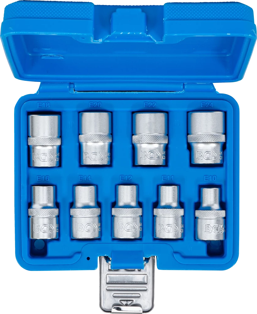Conjunto de encaixes para chave de caixa perfil em E | Entrada de quadrado interno de 12,5 mm (1/2") | E10 - E24 | 9 peças