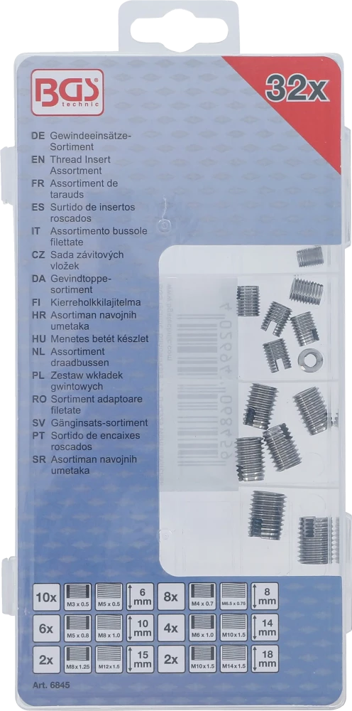 Sortido de encaixes roscados | autoroscantes | 32 peças
