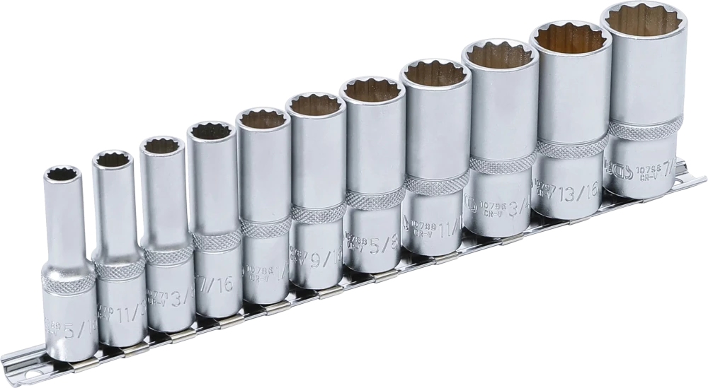 Conjunto de encaixes para chave de caixa bihexagonais, profundos | Entrada de quadrado interno de 10 mm (3/8") | Tamanhos em polegadas | 11 peças