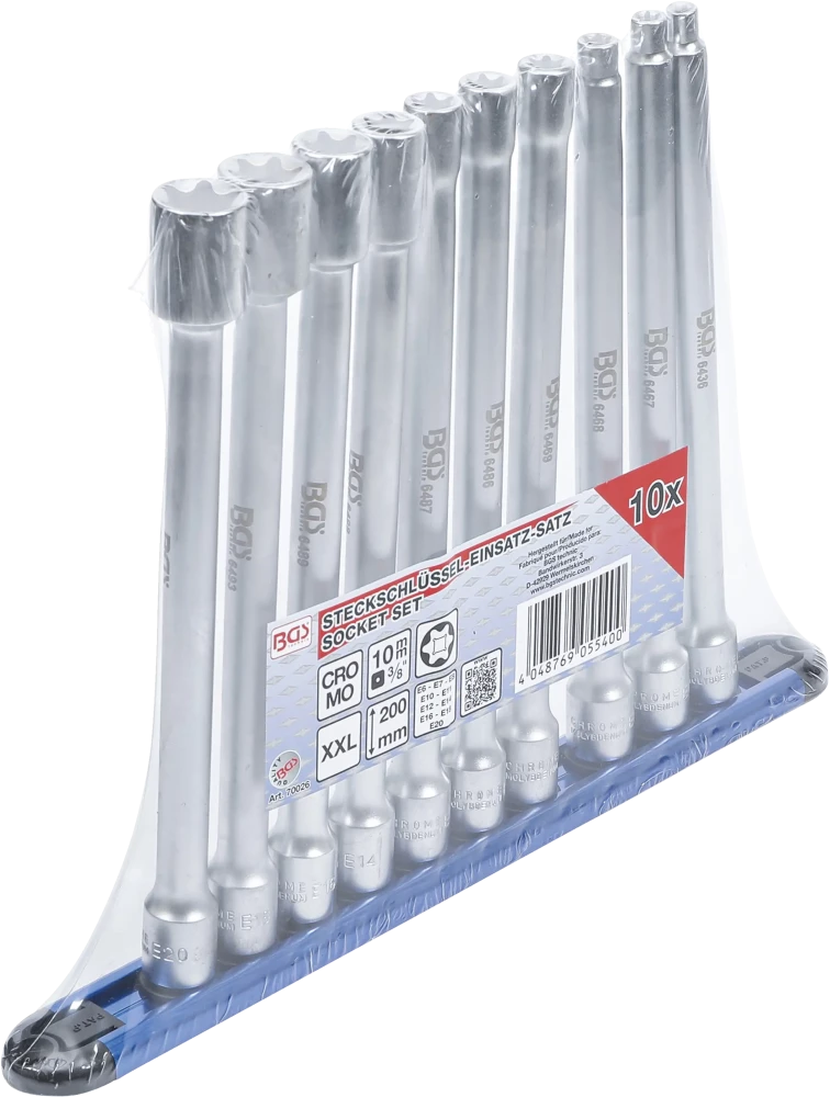 Conjunto de encaixes para chave de caixa perfil em E | XXL | Entrada de quadrado interno de 10 mm (3/8") | E6 - E20 | 10 peças