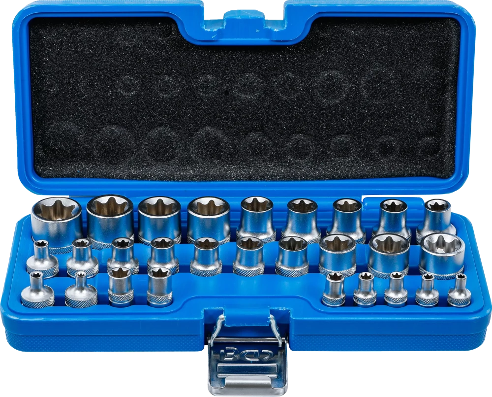 Conjunto de encaixes para chave de caixa ,perfil em E | Entrada de quadrado interno de 6,3 mm (1/4") / 12,5 mm (1/2") | E4 - E24 | 28 peças