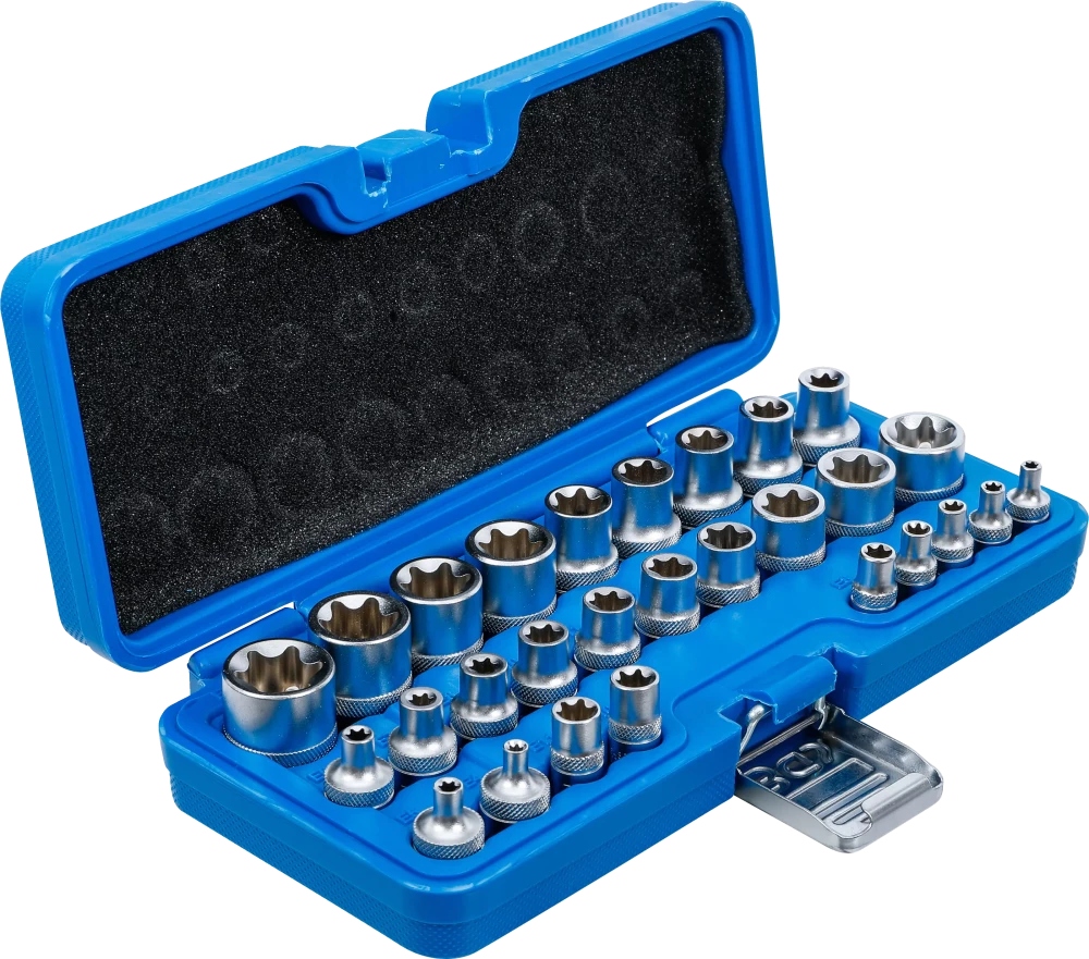 Conjunto de encaixes para chave de caixa ,perfil em E | Entrada de quadrado interno de 6,3 mm (1/4") / 12,5 mm (1/2") | E4 - E24 | 28 peças