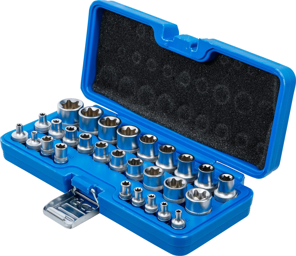 Conjunto de encaixes para chave de caixa ,perfil em E | Entrada de quadrado interno de 6,3 mm (1/4") / 12,5 mm (1/2") | E4 - E24 | 28 peças