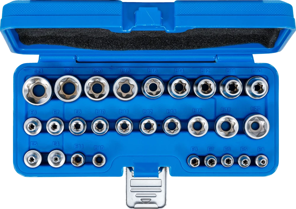 Conjunto de encaixes para chave de caixa ,perfil em E | Entrada de quadrado interno de 6,3 mm (1/4") / 12,5 mm (1/2") | E4 - E24 | 28 peças