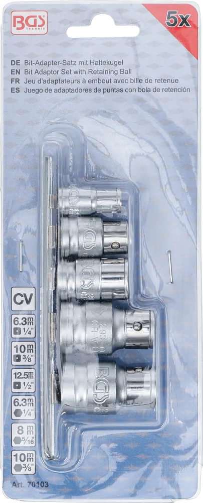 Conjunto de adaptadores de pontas com esfera de retenção | Quadrado interno 6,3 mm (1/4") / 10 mm (3/8") / 12,5 mm (1/2") | 5 peças
