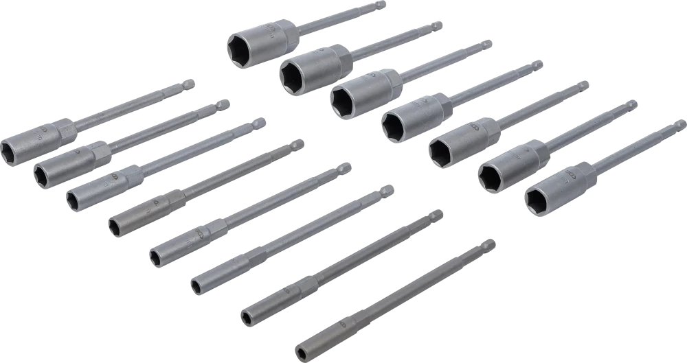 Conjunto de encaixes para chave de caixa sextavados | extra longo | Entrada de sextavado externo 6,3 mm (1/4") | para perfuradoras | 5,5 - 19 mm | 15 peças
