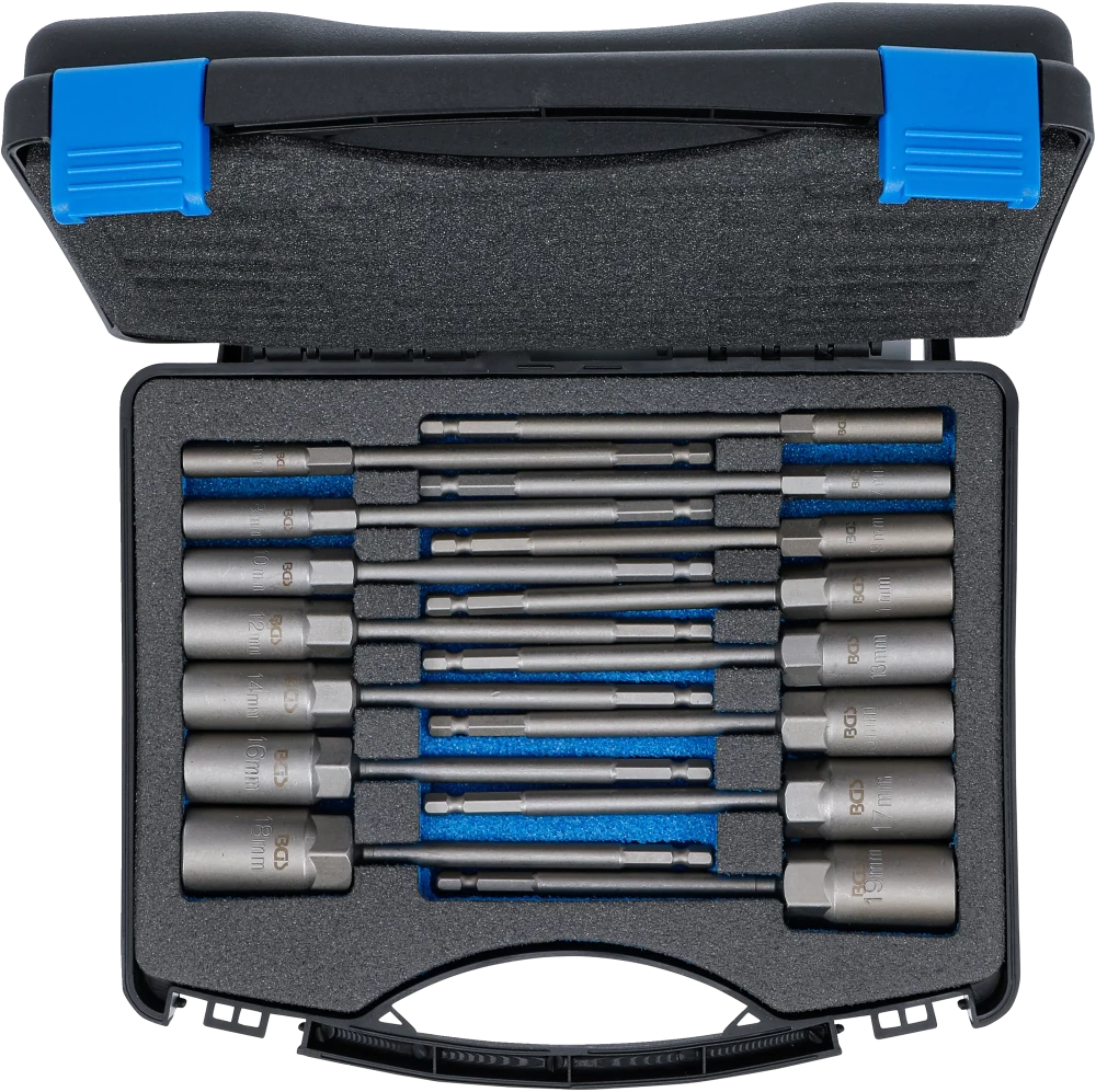 Conjunto de encaixes para chave de caixa sextavados | extra longo | Entrada de sextavado externo 6,3 mm (1/4") | para perfuradoras | 5,5 - 19 mm | 15 peças
