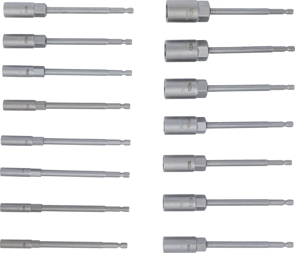 Conjunto de encaixes para chave de caixa sextavados | extra longo | Entrada de sextavado externo 6,3 mm (1/4") | para perfuradoras | 5,5 - 19 mm | 15 peças