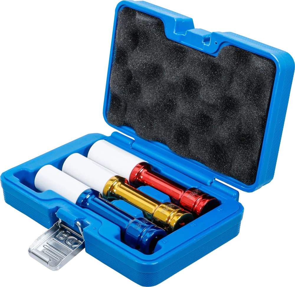 Conjunto de encaixes de impacto com proteção | Entrada de quadrado interno de 12,5 mm (1/2") | 150 mm de profundidade | 17 / 19 / 21 mm | 3 peças