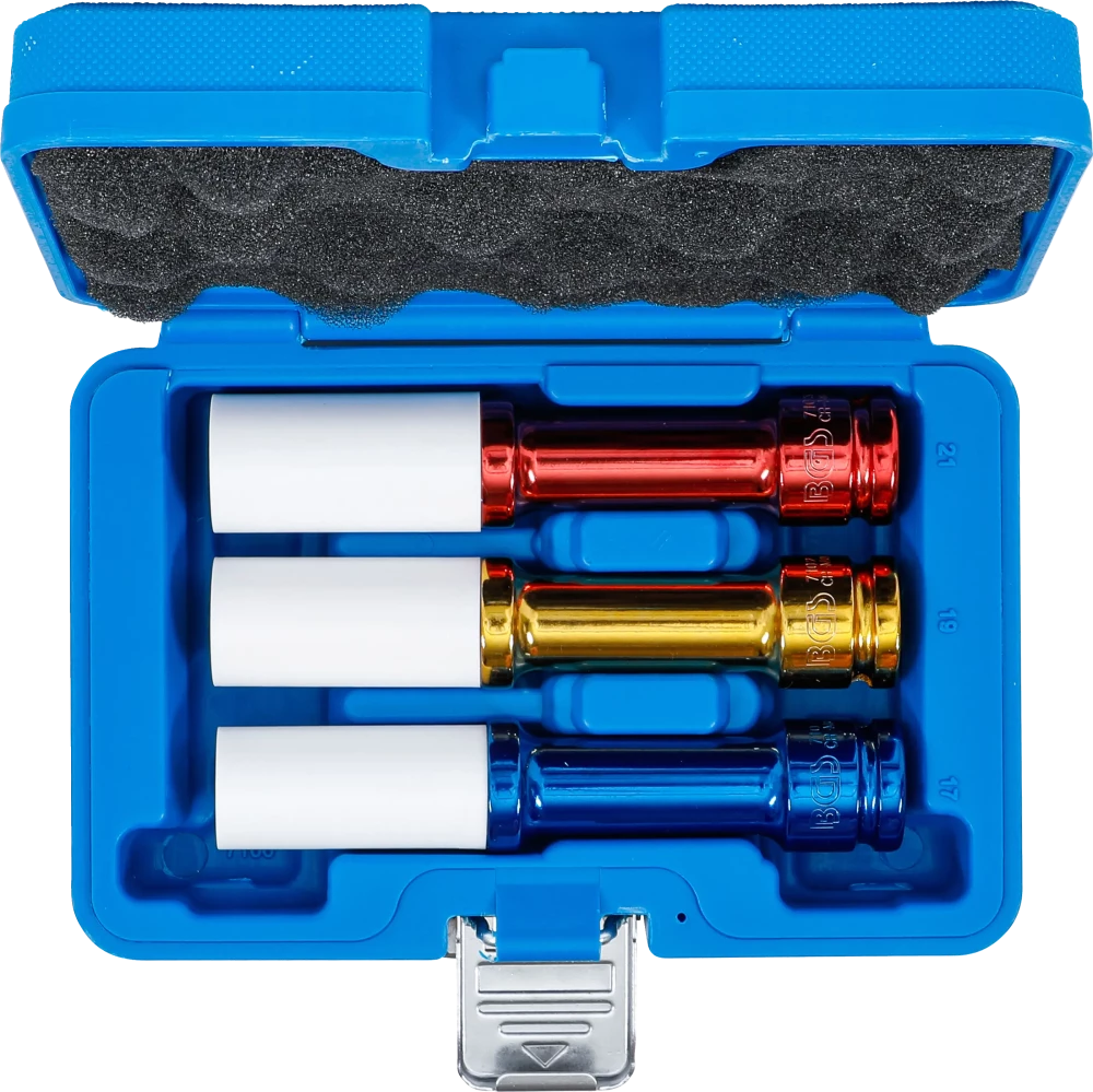 Conjunto de encaixes de impacto com proteção | Entrada de quadrado interno de 12,5 mm (1/2") | 150 mm de profundidade | 17 / 19 / 21 mm | 3 peças