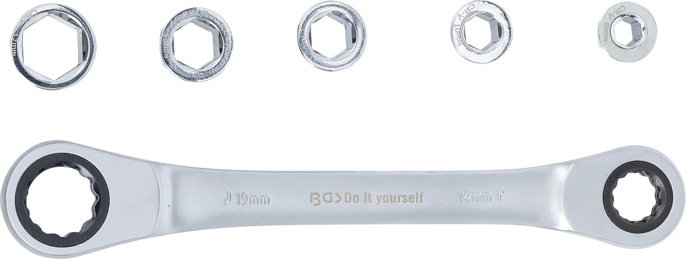 Chave anular com roquete com conjunto adaptador | 8 - 19 mm | 6 peças