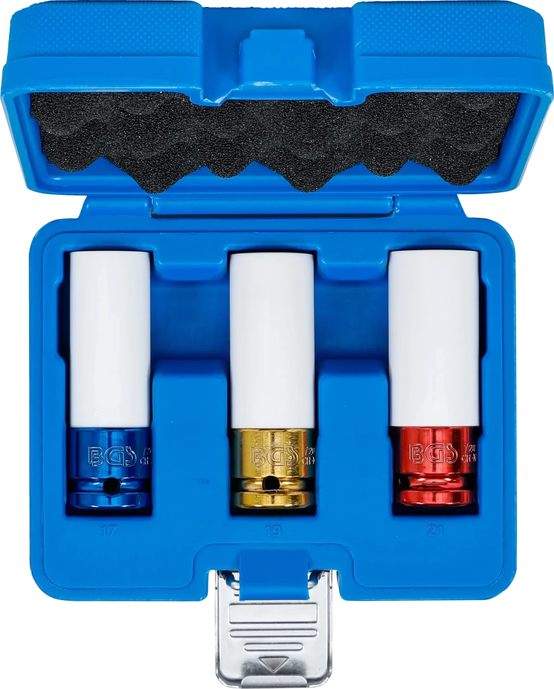 Conjunto de encaixes de impacto com proteção | Entrada de quadrado interno de 12,5 mm (1/2") | 17 / 19 / 21 mm | 3 peças