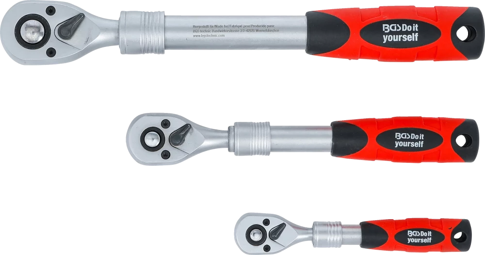 Conjunto de roquetes reversíveis | extensível | Saída de quadrado externo 6,3 mm (1/4") - 10 mm (3/8") - 12,5 mm (1/2") | 3 peças