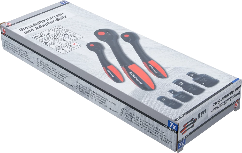 Conjunto de roquetes reversíveis e adaptadores | dentado fino | 6,3 mm (1/4") / 10 mm (3/8") - 12,5 mm (1/2") | 7 peças