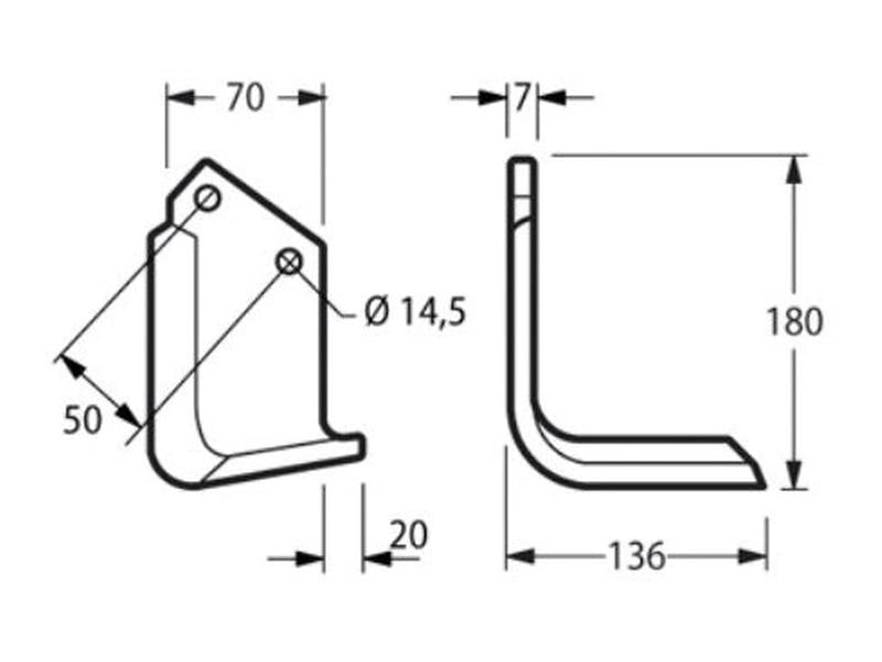 Faca Esq. 70x7mm Altura: 180mm. Centros de orifícios em: 50mm. Orifício Ø: 14.5mm. para Celli Aplicavel em: 331527 (S.72314)