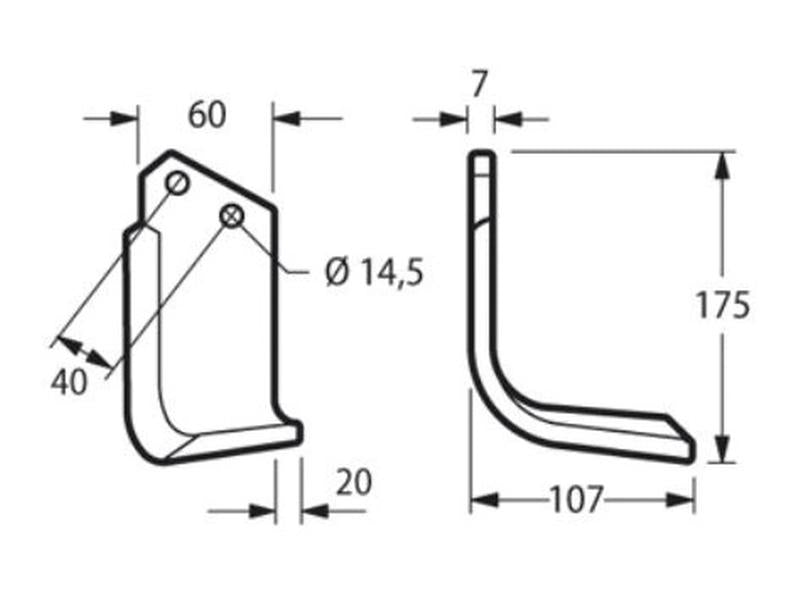 Faca Esq. 60x7mm Altura: 175mm. Centros de orifícios em: 40mm. Orifício Ø: 14.5mm. para Kverneland Aplicavel em: MA1302180 (S.72376)