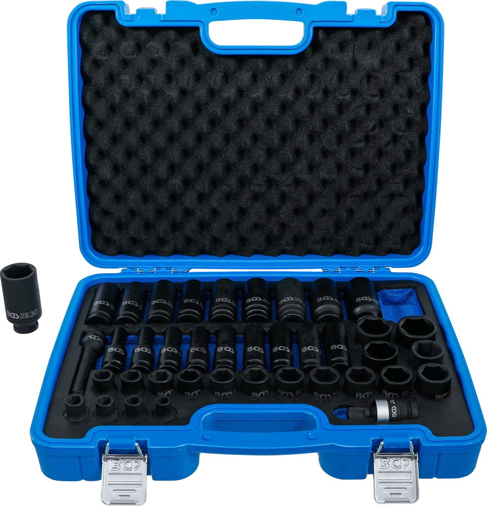 Conjunto de encaixes para chave de caixa de impacto sextavados | Entrada de quadrado interno de 12,5 mm (1/2") | 9 - 30 mm | 40 peças