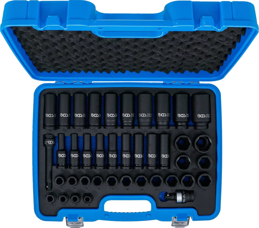Conjunto de encaixes para chave de caixa de impacto sextavados | Entrada de quadrado interno de 12,5 mm (1/2") | 9 - 30 mm | 40 peças