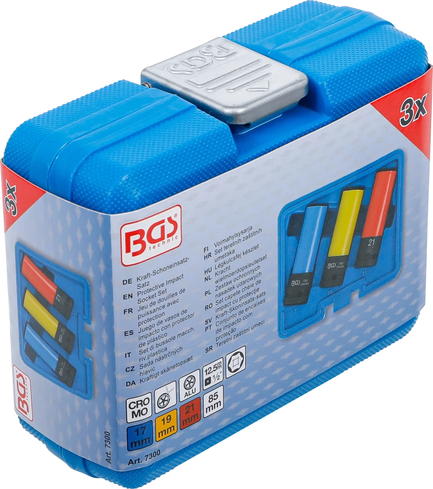 Conjunto de encaixes de impacto com proteção | Entrada de quadrado interno de 12,5 mm (1/2") | 17 / 19 / 21 mm | 3 peças