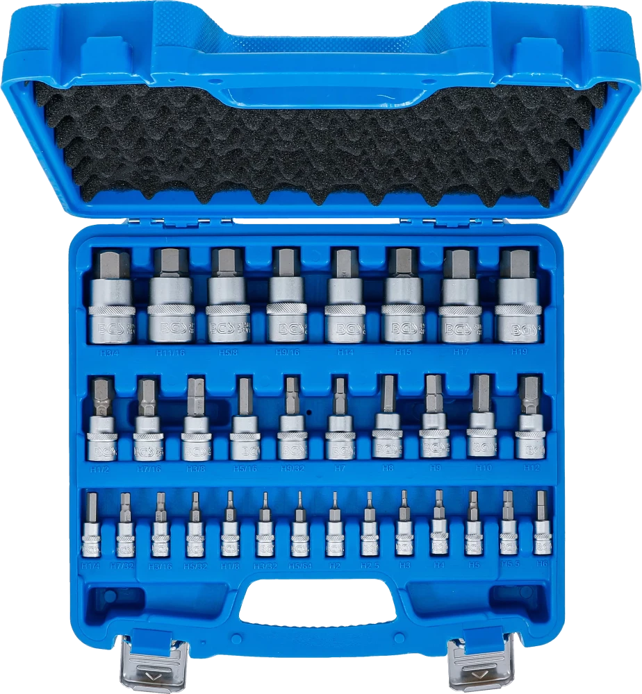 Conjunto de Encaixes para Pontas | Sextavado Interno Métrico e Polegadas | 1/4"+3/8"+1/2" | 32 peças