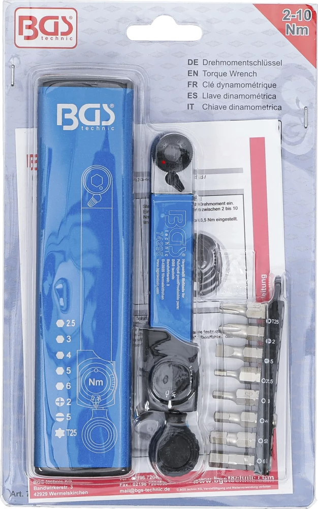 Chave de torque | Saída de sextavado interno 6,3 mm (1/4") | 2 - 10 Nm | com conjunto de pontas | 9 peças