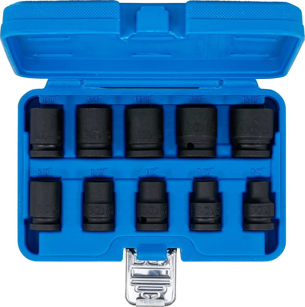 Conjunto de encaixes para chave de caixa de impacto sextavados | Entrada de quadrado interno de 12,5 mm (1/2") | 3/8 - 15/16" | Tamanhos em polegadas | 10 peças
