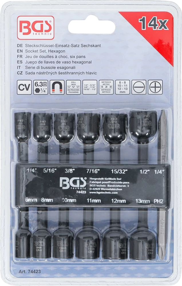 Conjunto de encaixes para chave de caixa sextavados | Entrada de sextavado externo 6,3 mm (1/4") | para perfuradoras | 1/4 - 1/2", 6 - 13 mm | 14 peças