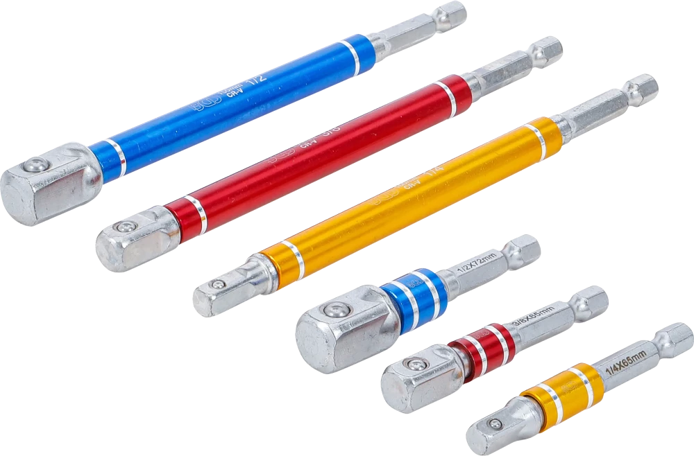 Conjunto de adaptadores para perfuradoras | várias cores | Entrada sextavado externo 6,3 mm (1/4") | Saída de sextavado externo 6,3 mm (1/4"), 10 mm (3/8"), 12,5 mm (1/2")| 75 - 150 mm | 6 peças