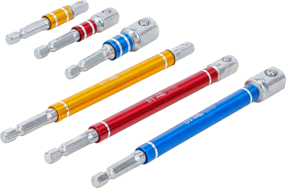 Conjunto de adaptadores para perfuradoras | várias cores | Entrada sextavado externo 6,3 mm (1/4") | Saída de sextavado externo 6,3 mm (1/4"), 10 mm (3/8"), 12,5 mm (1/2")| 75 - 150 mm | 6 peças