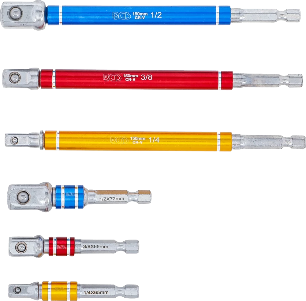 Conjunto de adaptadores para perfuradoras | várias cores | Entrada sextavado externo 6,3 mm (1/4") | Saída de sextavado externo 6,3 mm (1/4"), 10 mm (3/8"), 12,5 mm (1/2")| 75 - 150 mm | 6 peças