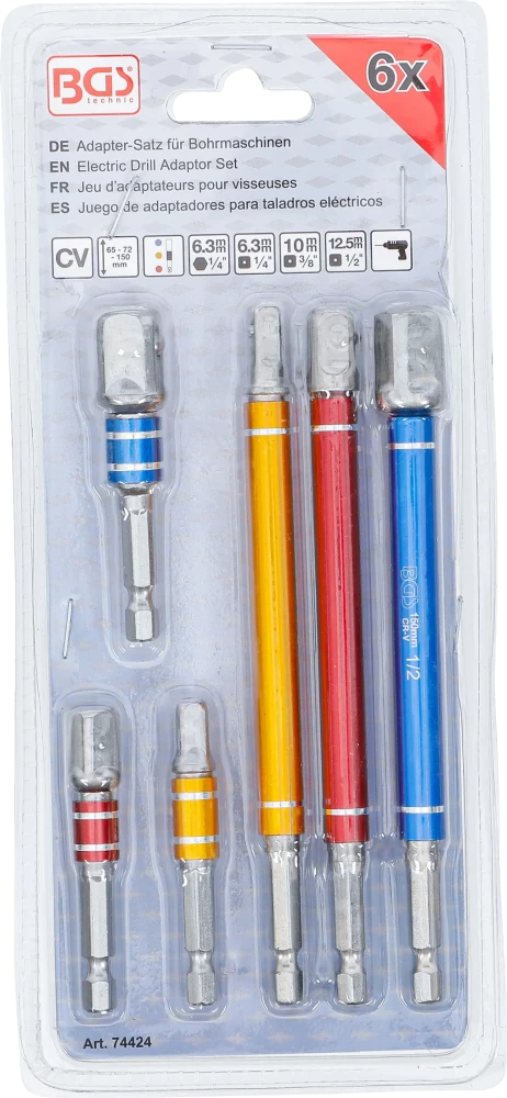 Conjunto de adaptadores para perfuradoras | várias cores | Entrada sextavado externo 6,3 mm (1/4") | Saída de sextavado externo 6,3 mm (1/4"), 10 mm (3/8"), 12,5 mm (1/2")| 75 - 150 mm | 6 peças