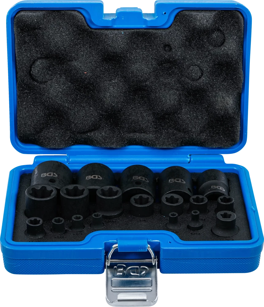 Conjunto de encaixes para chave de caixa de impacto | perfil em E Plus | 6,3 mm (1/4"), 10 mm (3/8"), 12,5 mm (1/2") | EP4 - E32 | 19 peças
