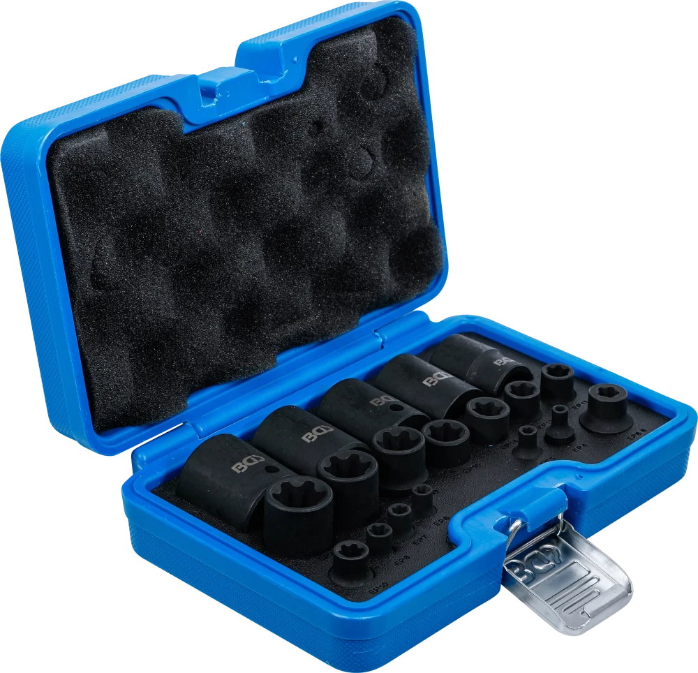 Conjunto de encaixes para chave de caixa de impacto | perfil em E Plus | 6,3 mm (1/4"), 10 mm (3/8"), 12,5 mm (1/2") | EP4 - E32 | 19 peças