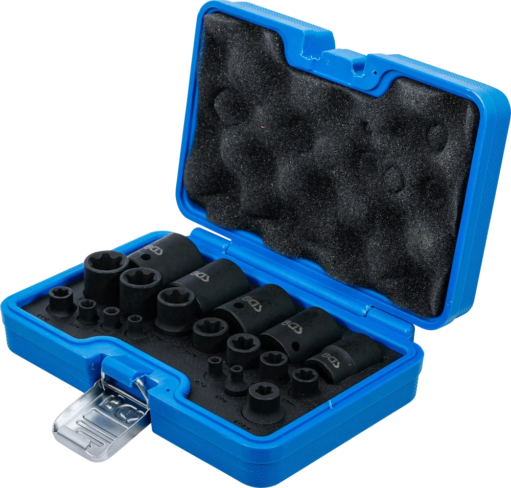 Conjunto de encaixes para chave de caixa de impacto | perfil em E Plus | 6,3 mm (1/4"), 10 mm (3/8"), 12,5 mm (1/2") | EP4 - E32 | 19 peças