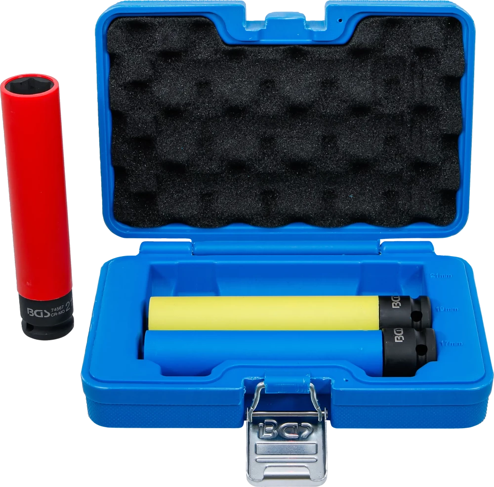 Conjunto de encaixes de impacto com proteção | extra profundo | Entrada de quadrado interno de 12,5 mm (1/2") | 17 / 19 / 21 mm | 3 peças