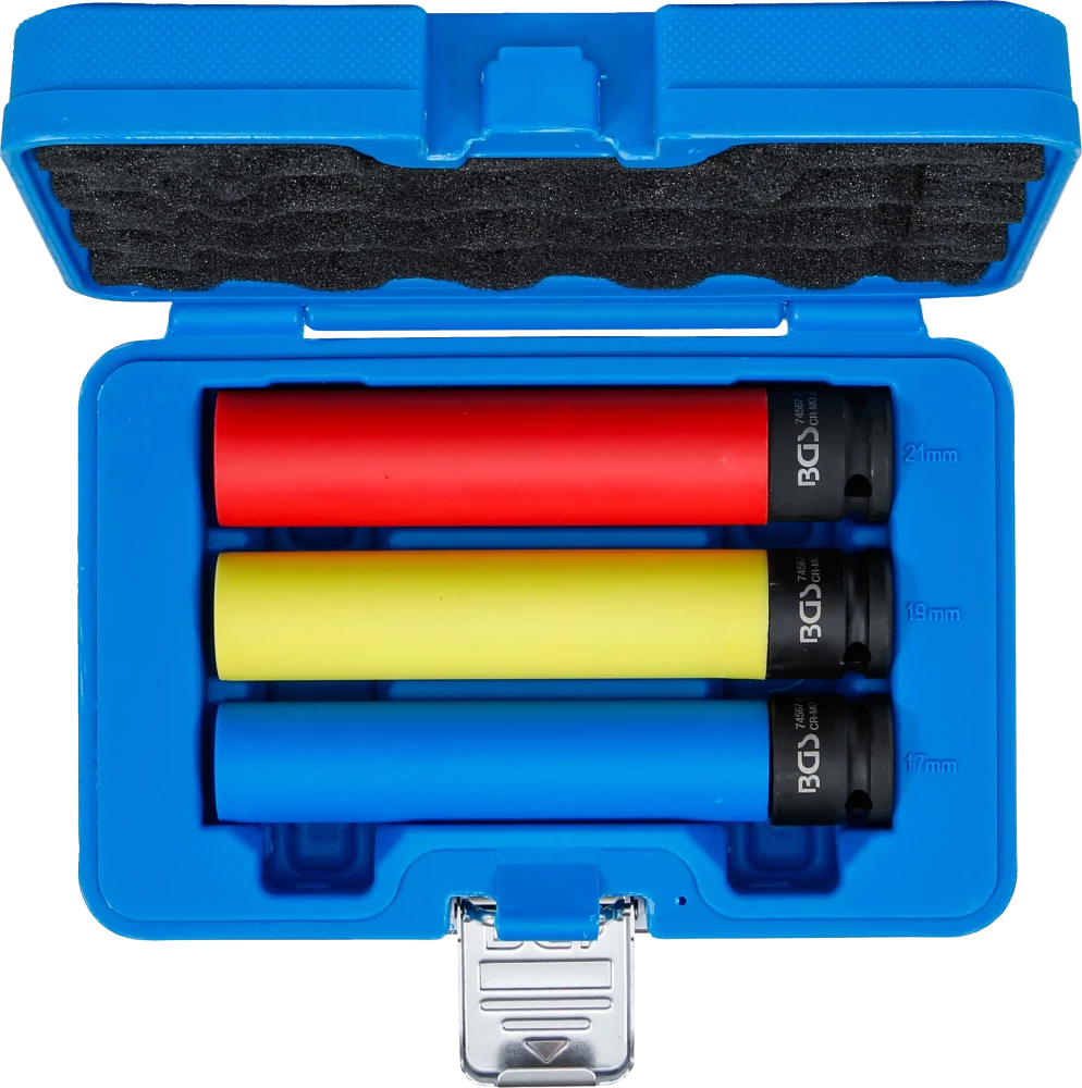 Conjunto de encaixes de impacto com proteção | extra profundo | Entrada de quadrado interno de 12,5 mm (1/2") | 17 / 19 / 21 mm | 3 peças