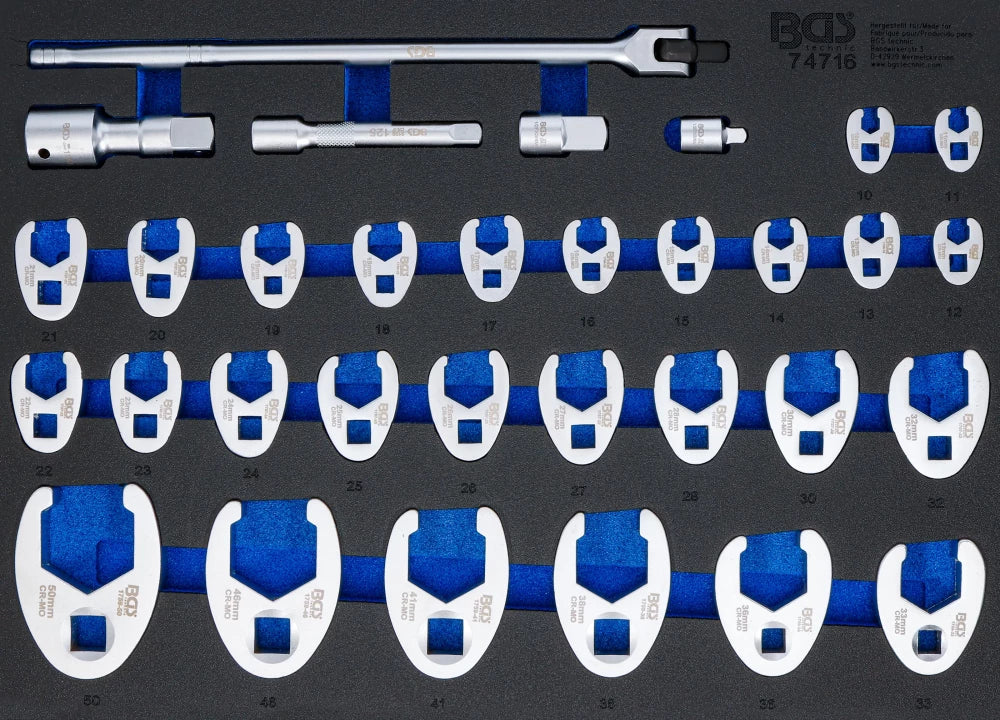 Inserção para carrinho de ferramentas 3/3: Conjunto de chaves hexagonais de boca aberta | 10 mm (3/8"), 12,5 mm (1/2"), 20 mm (3/4") | 10 - 50 mm | 32 peças