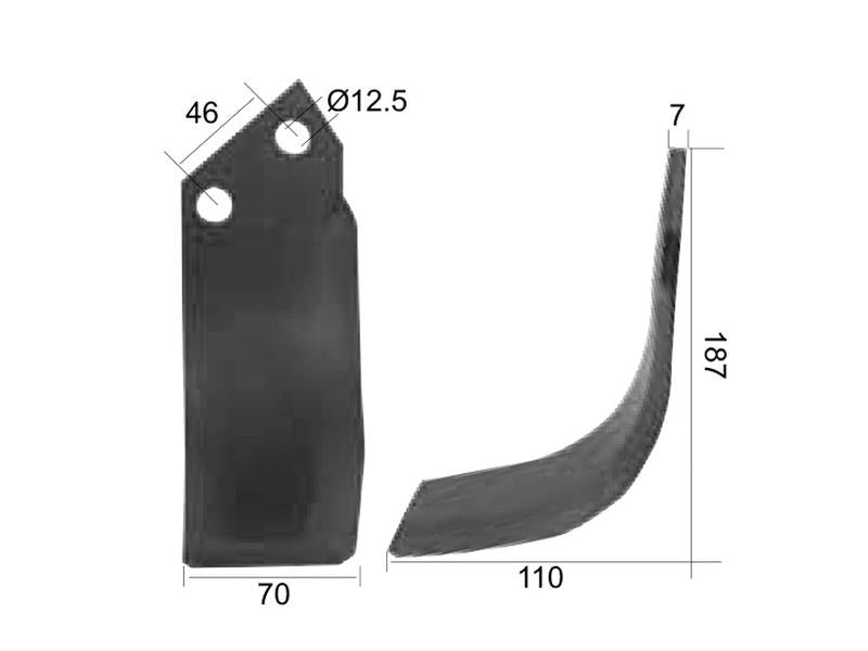 Faca Esq. 70x7mm Altura: 187mm. Centros de orifícios em: 46mm. Orifício Ø: 12.5mm. para Sovema Aplicavel em: 900111002 (S.74751)